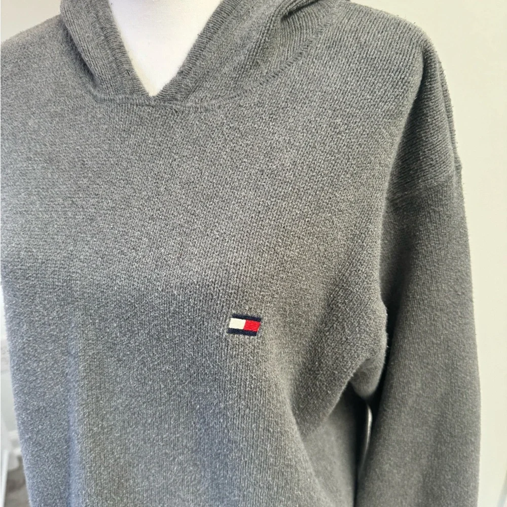 Tommy Hilfiger‎ Gray Knit Hoodie Sweater Pullover Logo Cotton Size L
